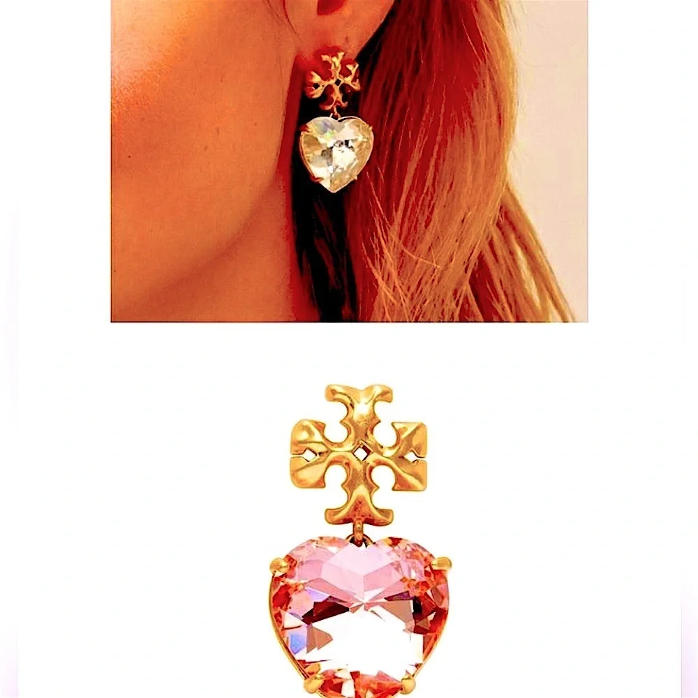 Pink 💖Tory Burch Crystal Heart Earrings Kira gold logo studs miller earring